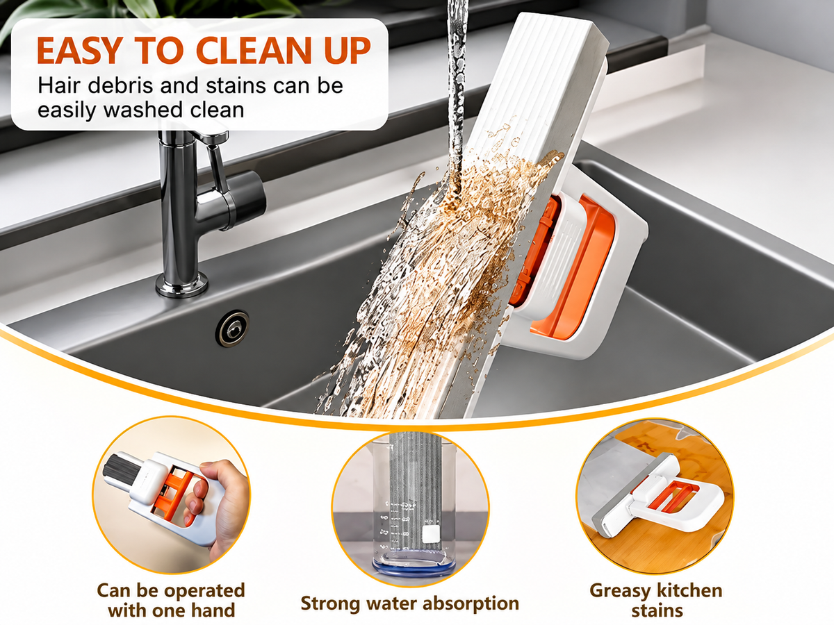 2-in-1 Foldable Cleaning Mop & Squeegee | One-Hand Kitchen & Bathroom Cleaner